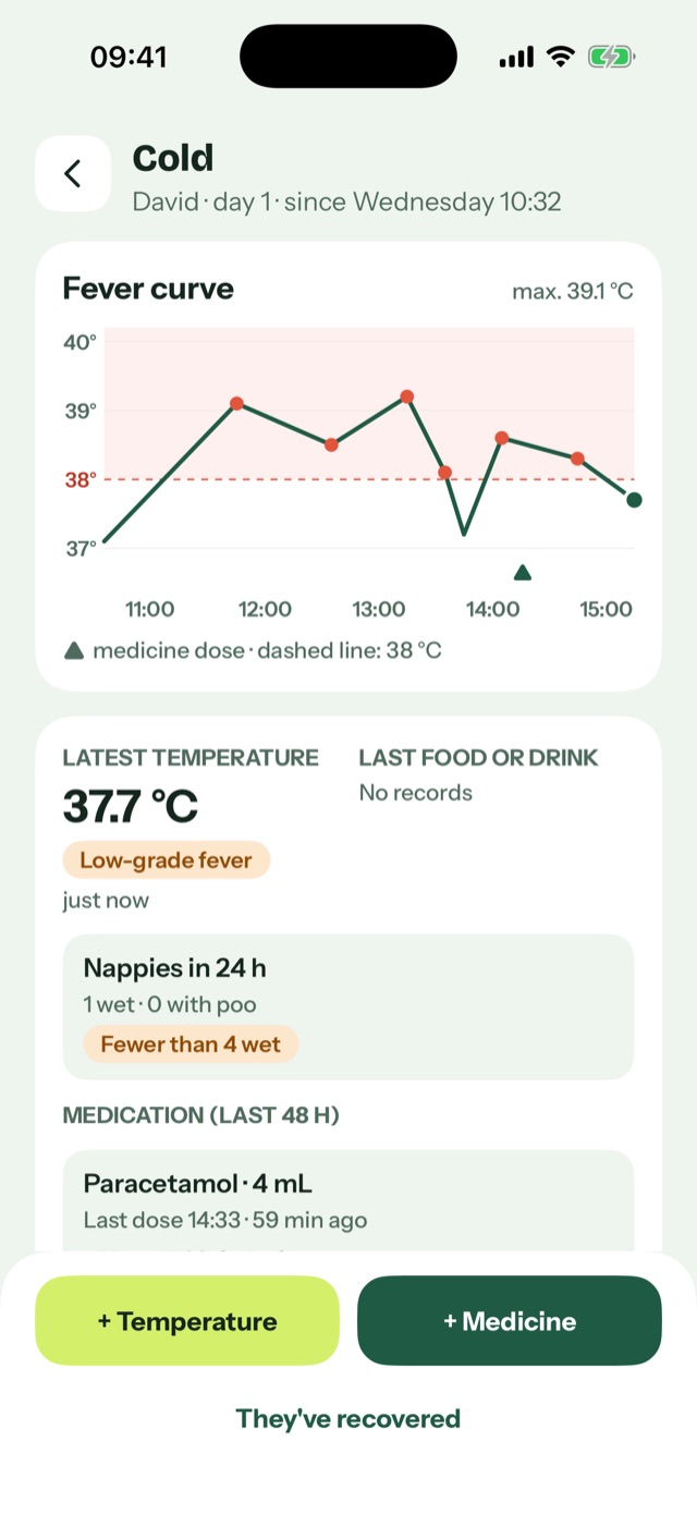 Screen of a cold episode with the fever curve, the latest temperature and the paracetamol doses