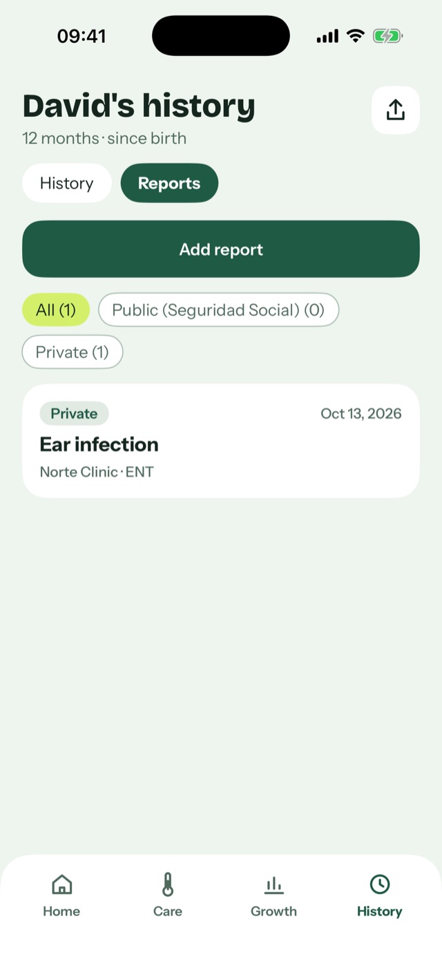 List of medical reports with filters for public (Seguridad Social) and private healthcare