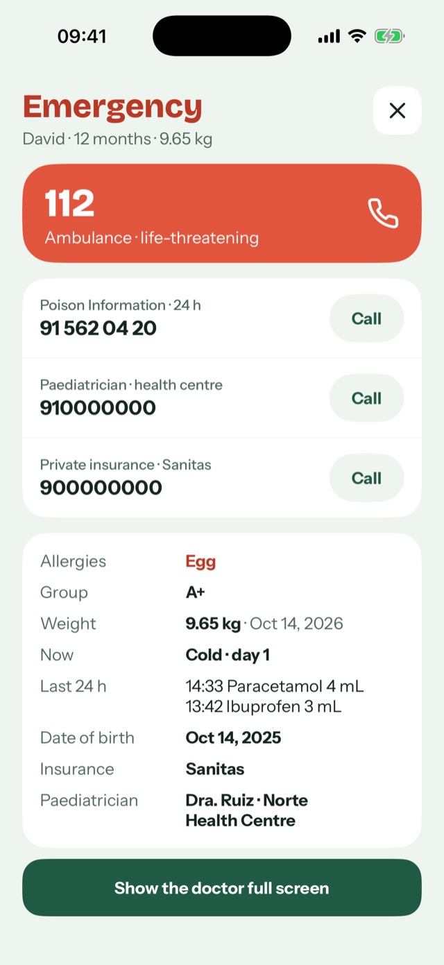 Emergency card with a button to call 112, allergies and blood group