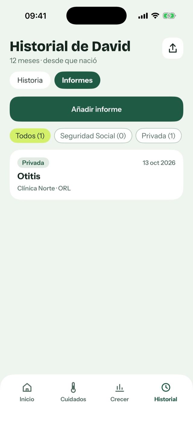 Lista de informes médicos con filtros por Seguridad Social y privada