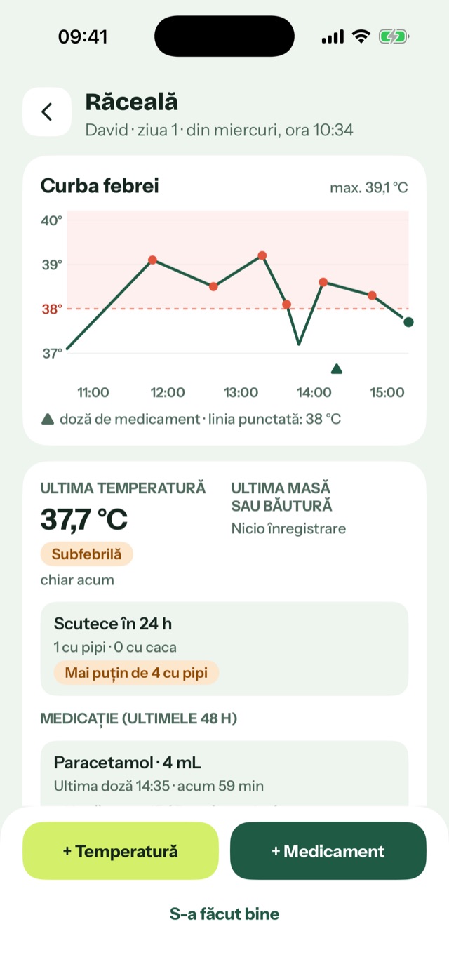 Ecranul unui episod de răceală cu curba febrei, ultima temperatură și dozele de paracetamol