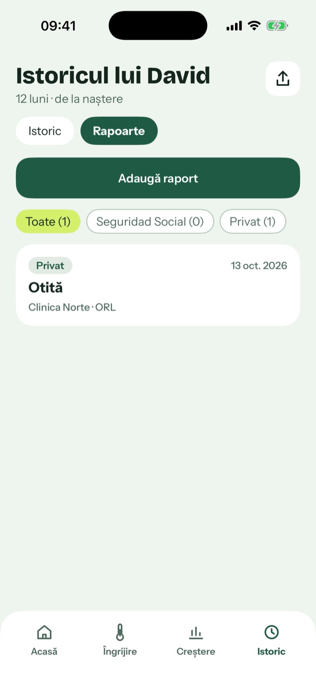 Lista rapoartelor medicale cu filtre pentru sistemul public (Seguridad Social) și privat