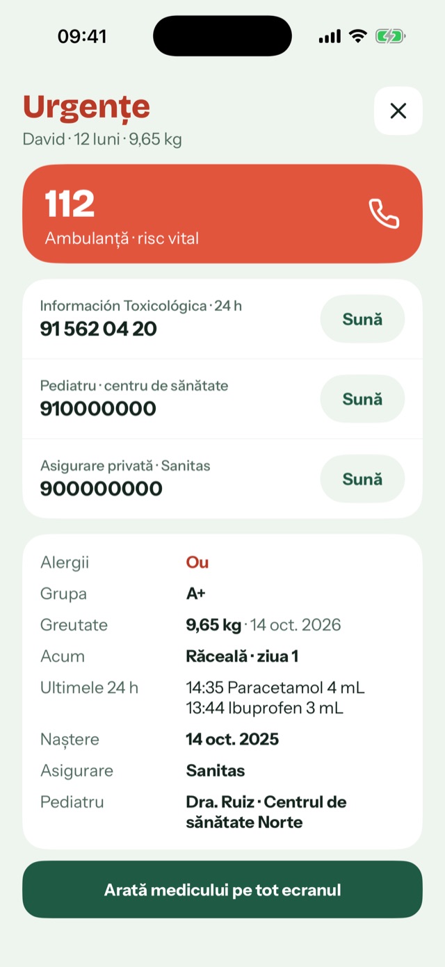 Fișa de urgență cu buton de apel la 112, alergii și grupa sanguină