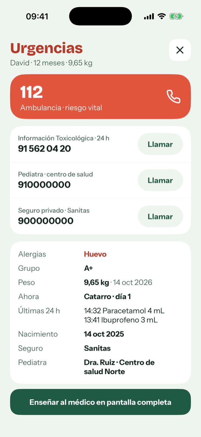 Ficha de urgencias con botón de llamada al 112, alergias y grupo sanguíneo